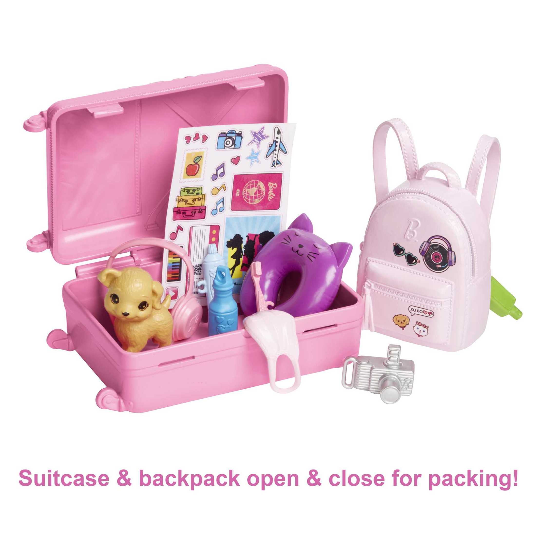 Barbie Doll and Accessories   Malibu  Travel Set with Puppy & Working Suitcase  10  Pieces