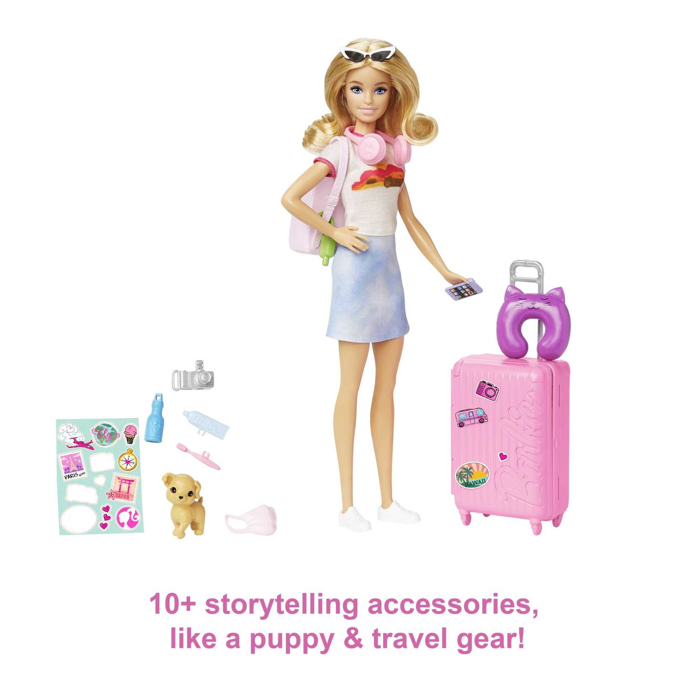 Barbie Doll and Accessories   Malibu  Travel Set with Puppy & Working Suitcase  10  Pieces