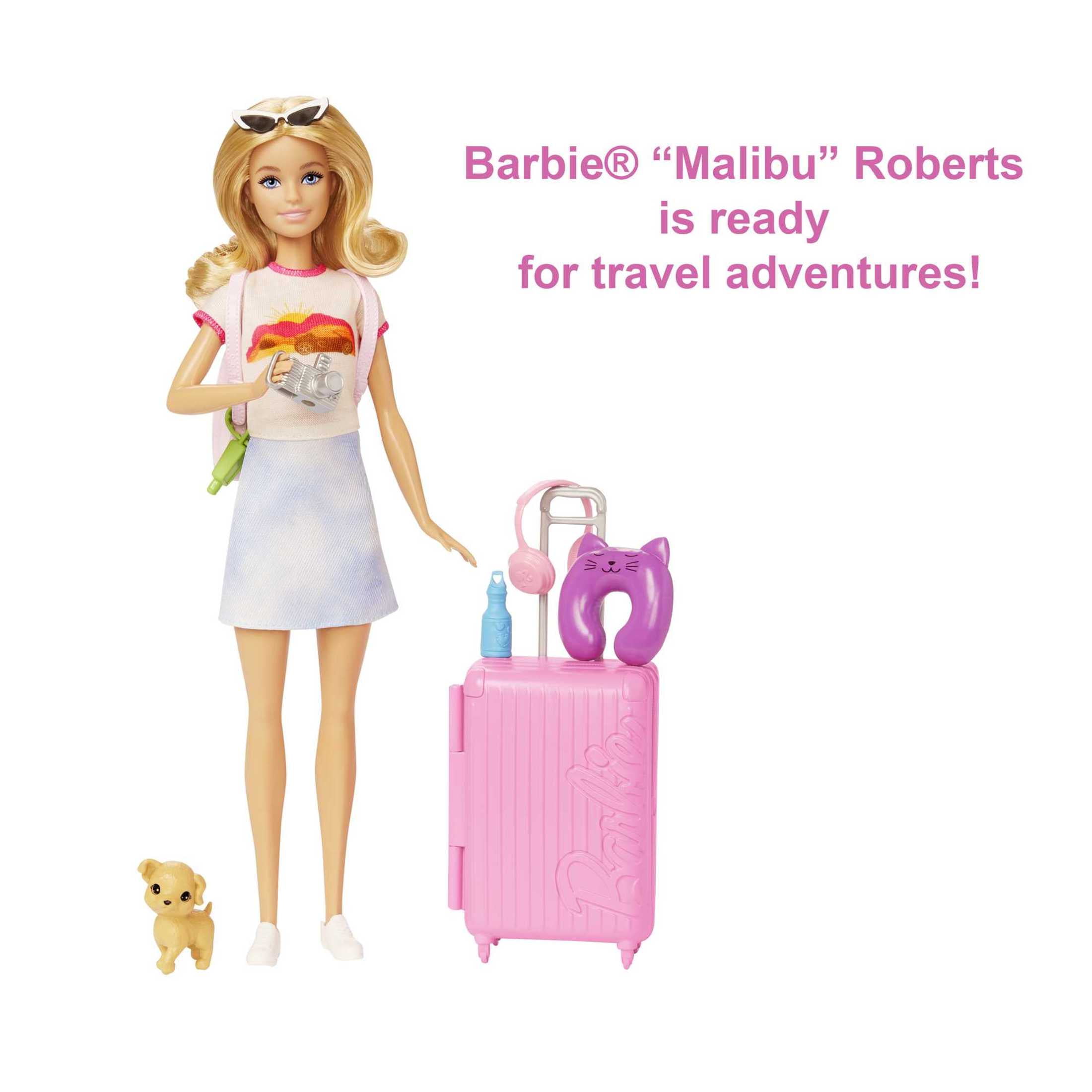 Barbie Doll and Accessories   Malibu  Travel Set with Puppy & Working Suitcase  10  Pieces
