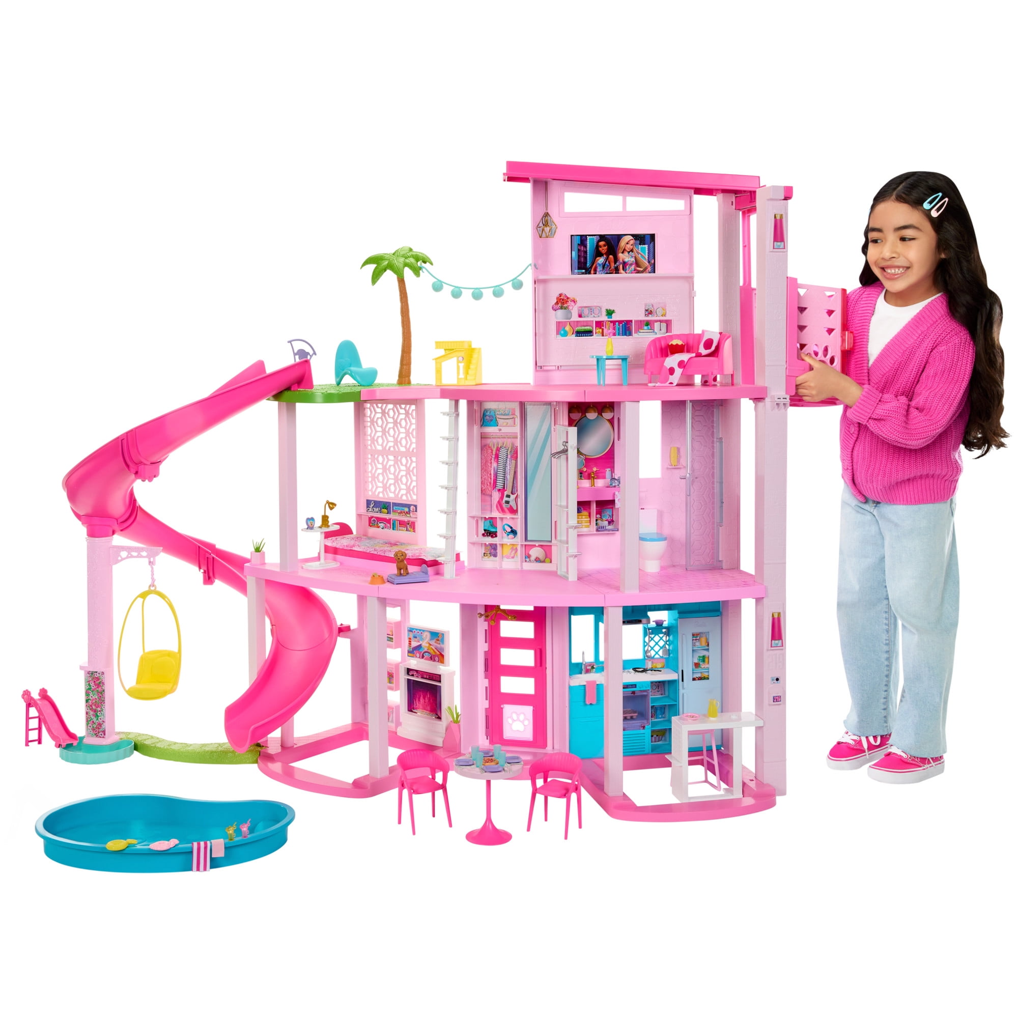 Barbie Dreamhouse Pool Party Dollhouse and Playset with 75  Pieces  45 in  Slide & Puppy Elevator