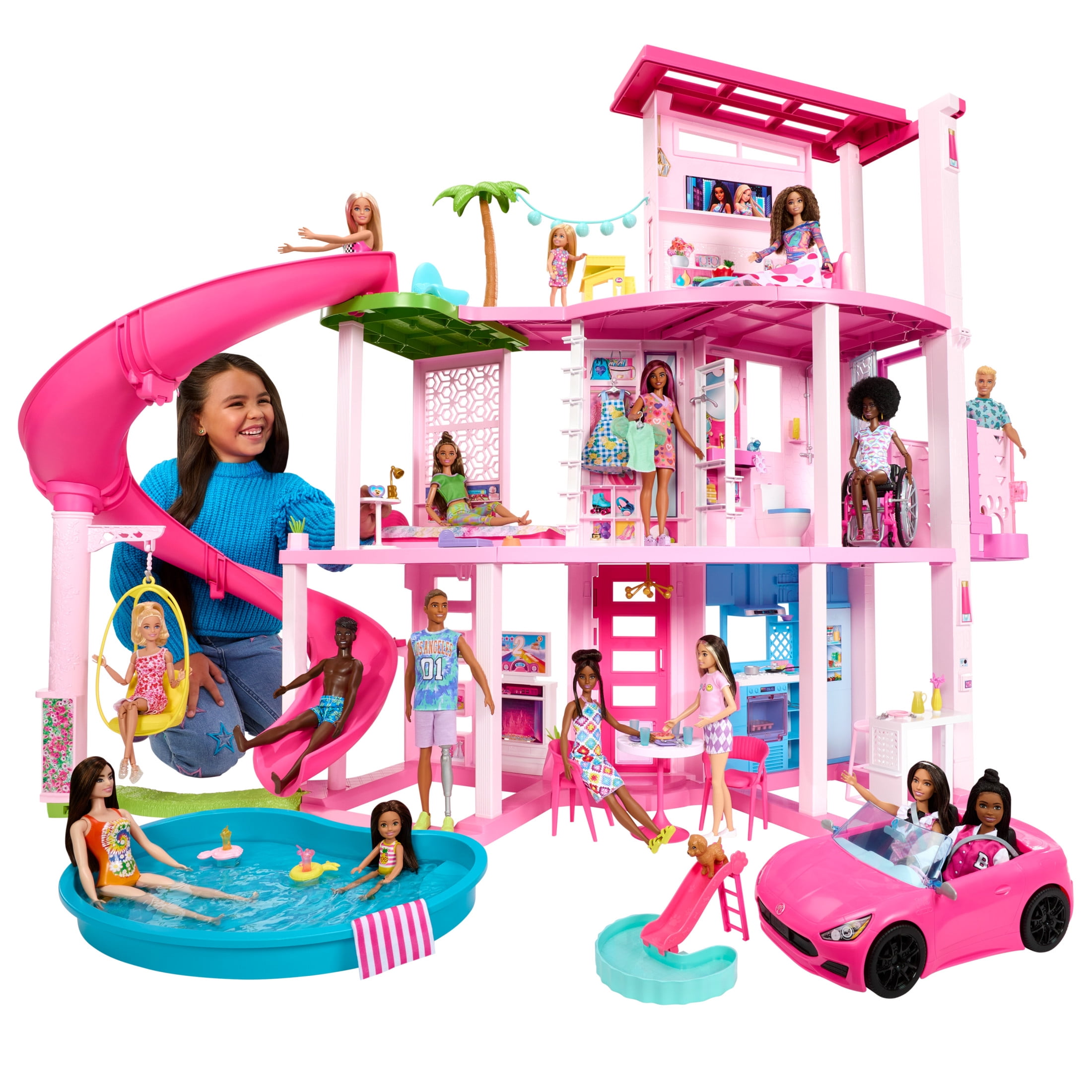 Barbie Dreamhouse Pool Party Dollhouse and Playset with 75  Pieces  45 in  Slide & Puppy Elevator