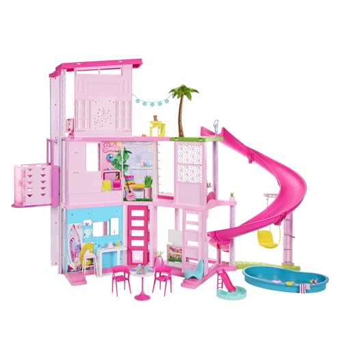 Barbie Dreamhouse  Pool Party Doll House with 75  Pieces and 3 Story Slide  House Playset  Pet Elevator and Puppy Play Areas