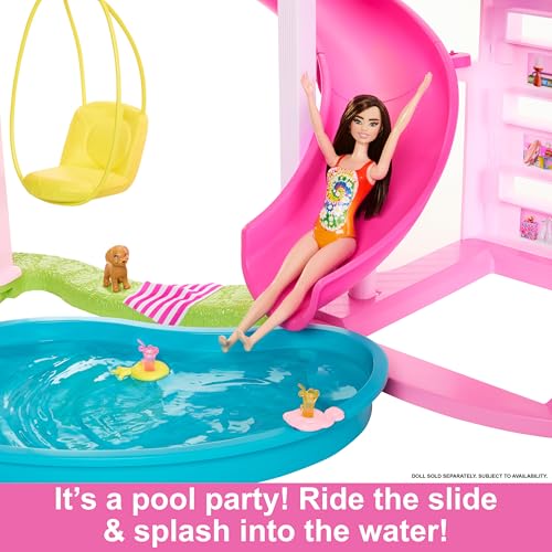 Barbie Dreamhouse  Pool Party Doll House with 75  Pieces and 3 Story Slide  House Playset  Pet Elevator and Puppy Play Areas