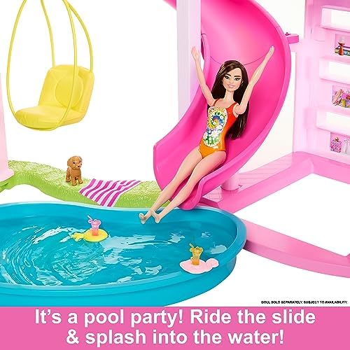 Barbie Dreamhouse  Pool Party Doll House with 75  Pieces and 3 Story Slide  House Playset  Pet Elevator and Puppy Play Areas