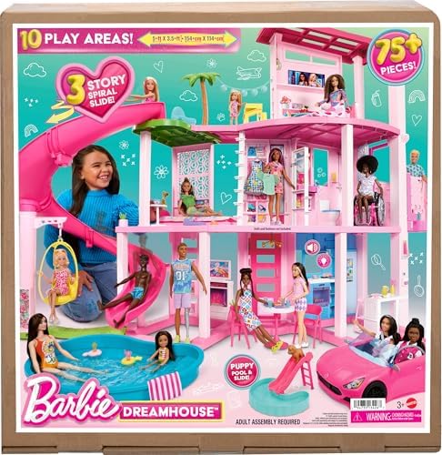 Barbie Dreamhouse  Pool Party Doll House with 75  Pieces and 3 Story Slide  House Playset  Pet Elevator and Puppy Play Areas