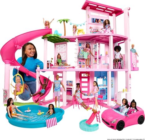 Barbie Dreamhouse  Pool Party Doll House with 75  Pieces and 3 Story Slide  House Playset  Pet Elevator and Puppy Play Areas