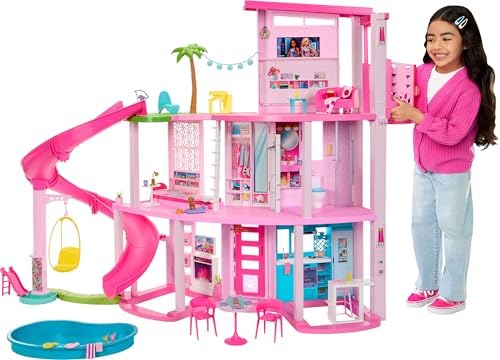 Barbie Dreamhouse  Pool Party Doll House with 75  Pieces and 3 Story Slide  House Playset  Pet Elevator and Puppy Play Areas
