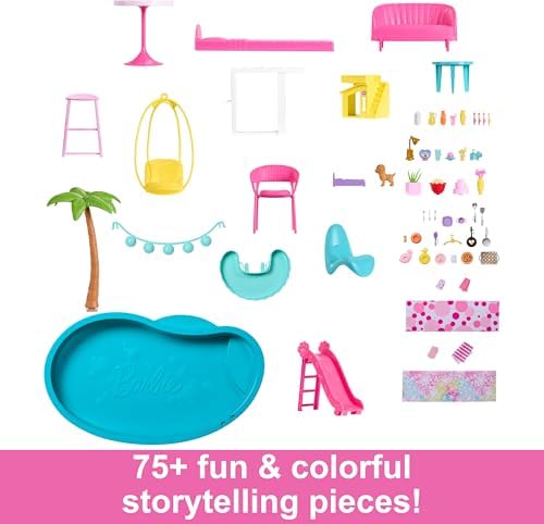 Barbie Dreamhouse  Pool Party Doll House with 75  Pieces and 3 Story Slide  House Playset  Pet Elevator and Puppy Play Areas