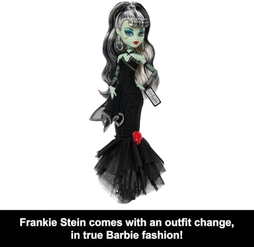Barbie  Monster High x Frankie Stein Doll with Original Inspired Swimsuit and Solo in the Spotlight Black Evening Dress  Accessories