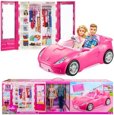 Barbie and Ken Doll with her Wardrobe and Pink Two Seater Convertible car  Includes Accessories 