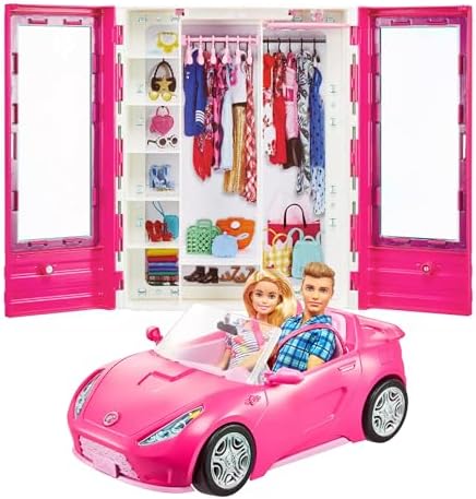 Barbie and Ken Doll with her Wardrobe and Pink Two Seater Convertible car  Includes Accessories 