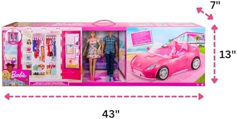 Barbie and Ken Doll with her Wardrobe and Pink Two Seater Convertible car  Includes Accessories 