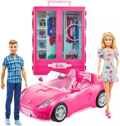 Barbie and Ken Doll with her Wardrobe and Pink Two Seater Convertible car  Includes Accessories 