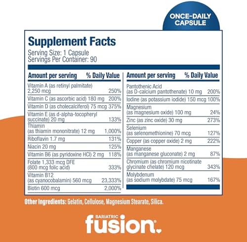 Bariatric Fusion Bariatric Multivitamin Without Iron   1 Per Day   Post Surgery Patients   Iron Free Vitamin for Gastric Bypass and Sleeve Gastrectomy   Easy to Swallow Capsules   Three Month Supply