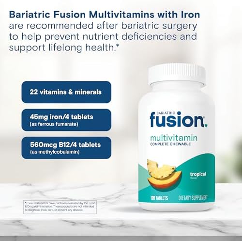 Bariatric Fusion Bariatric Multivitamin with Iron Complete Chewable   Tropical Flavor   Post Bariatric Vitamins for Gastric Bypass and Sleeve Gastrectomy   One Month Supply