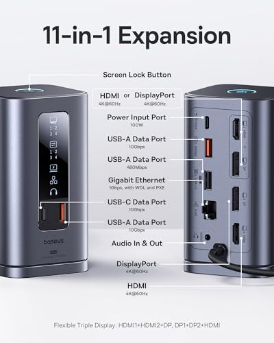 Baseus Laptop Docking Station  11 in 1 Triple 4K Display HDMI/DP  10Gbps USB A/C Fast Data  PD 100W  Ethernet  Audio  USB C Docking Station for Windows/Dell/HP/Lenovo/Asus/Acer/Mac  Include Charger 