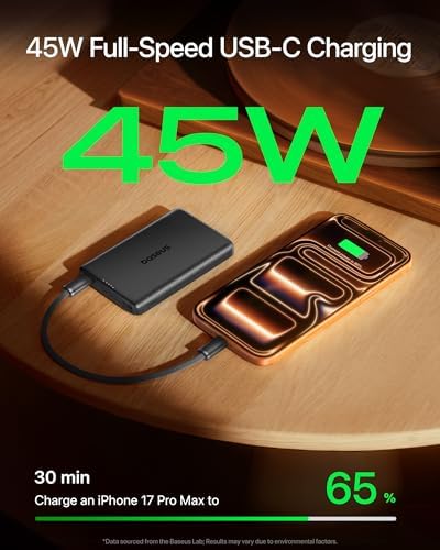 Baseus Picogo Magsafe Power Bank  Qi2 2 25W Slim 10 000mAh Magnetic Portable Charger  45W USB C Ultra Fast Charging Wireless Battery Pack for iPhone 17/16/15/14/13  Galaxy S25  Pixel 10 Pro and More
