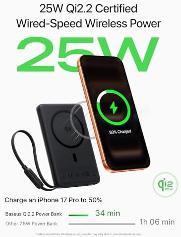 Baseus Picogo Magsafe Portable Charger  Qi2 2 25W Slim 10 000mAh Magnetic Power Bank Built in USB C Cable  45W Fast Charging Wireless Battery Pack for iPhone 17/16/15/14/13  Pixel 10 Pro XL and More