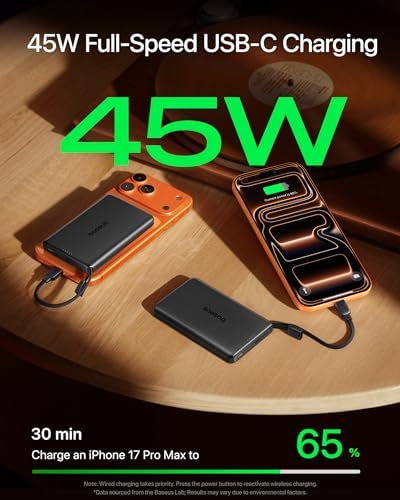 Baseus Picogo Magsafe Portable Charger  Qi2 2 25W Slim 10 000mAh Magnetic Power Bank Built in USB C Cable  45W Fast Charging Wireless Battery Pack for iPhone 17/16/15/14/13  Pixel 10 Pro XL and More