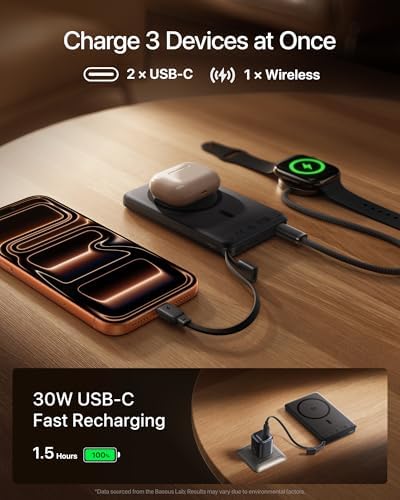 Baseus Picogo Magsafe Portable Charger  Qi2 2 25W Slim 10 000mAh Magnetic Power Bank Built in USB C Cable  45W Fast Charging Wireless Battery Pack for iPhone 17/16/15/14/13  Pixel 10 Pro XL and More