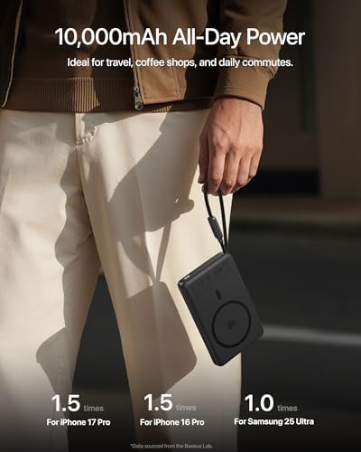 Baseus Picogo Magsafe Portable Charger  Qi2 2 25W Slim 10 000mAh Magnetic Power Bank Built in USB C Cable  45W Fast Charging Wireless Battery Pack for iPhone 17/16/15/14/13  Pixel 10 Pro XL and More