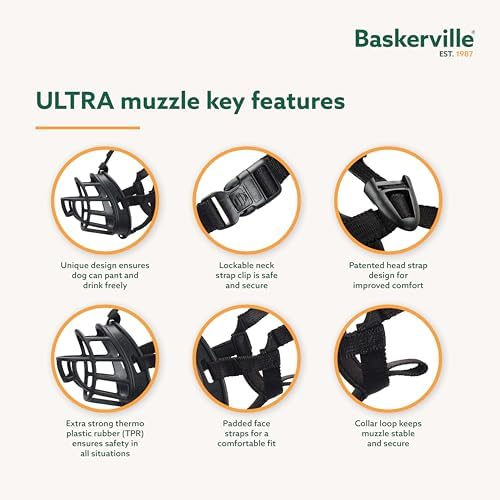 Baskerville ULTRA Muzzle   Patented Humane Design  Breathable  Dog can Pant and Drink  Adjustable  Padded  Training Muzzle for Medium sized Dogs  Prevents Biting  Wildlife Scavenging  Size 3  Black
