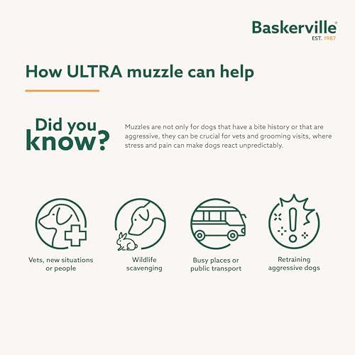 Baskerville ULTRA Muzzle   Patented Humane Design  Breathable  Dog can Pant and Drink  Adjustable  Padded  Training Muzzle for Medium sized Dogs  Prevents Biting  Wildlife Scavenging  Size 3  Black