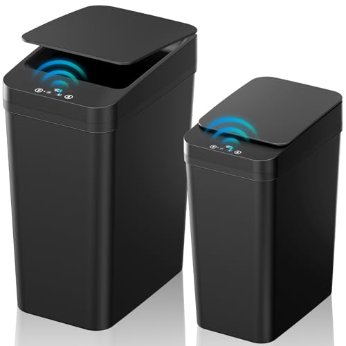 Bathroom Trash Can with Lid  KOEYLE 2 Pack 2 2 Gallon Automatic Touchless Garbage Can  Small Motion Sensor Smart Trash Can  Slim Waterproof Trash Bin for Bedroom  Bathroom  Office  Living Room  Black 