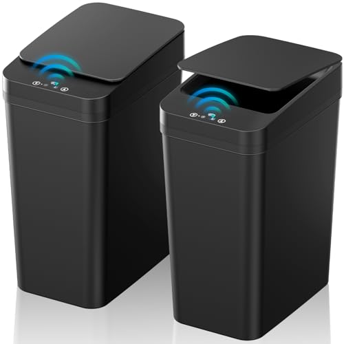 Bathroom Trash Can with Lid  KOEYLE 2 Pack 2 2 Gallon Automatic Touchless Garbage Can  Small Motion Sensor Smart Trash Can  Slim Waterproof Trash Bin for Bedroom  Bathroom  Office  Living Room  Black 