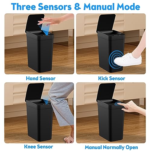 Bathroom Trash Can with Lid  KOEYLE 2 Pack 2 2 Gallon Automatic Touchless Garbage Can  Small Motion Sensor Smart Trash Can  Slim Waterproof Trash Bin for Bedroom  Bathroom  Office  Living Room  Black 