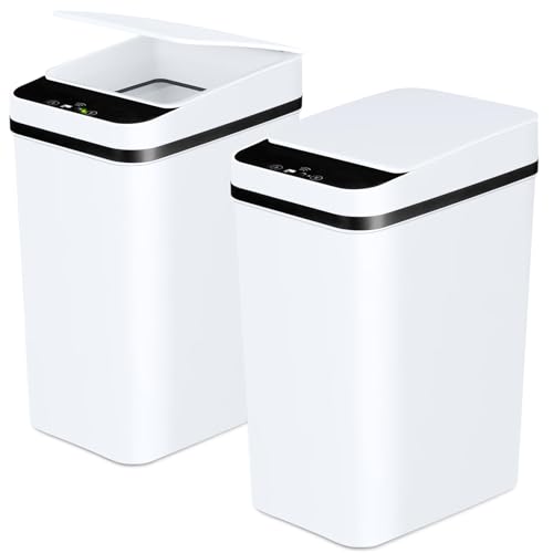 Bathroom Trash Cans with Lid 2 Pack 2 2 Gallon Touchless Automatic Motion Sensor Small Slim Garbage Can  Smart Electric Narrow Garbage Bin for Bedroom Office Kitchen  White 