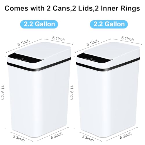 Bathroom Trash Cans with Lid 2 Pack 2 2 Gallon Touchless Automatic Motion Sensor Small Slim Garbage Can  Smart Electric Narrow Garbage Bin for Bedroom Office Kitchen  White 