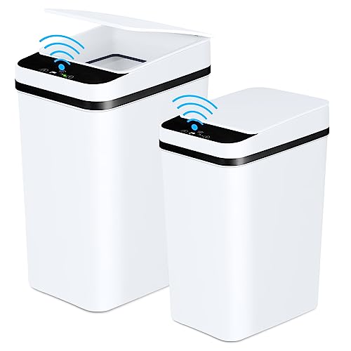 Bathroom Trash Cans with Lid 2 Pack 2 2 Gallon Touchless Automatic Motion Sensor Small Slim Garbage Can  Smart Electric Narrow Garbage Bin for Bedroom Office Kitchen  White 