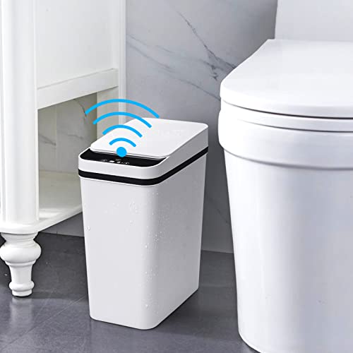 Bathroom Trash Cans with Lid 2 Pack 2 2 Gallon Touchless Automatic Motion Sensor Small Slim Garbage Can  Smart Electric Narrow Garbage Bin for Bedroom Office Kitchen  White 