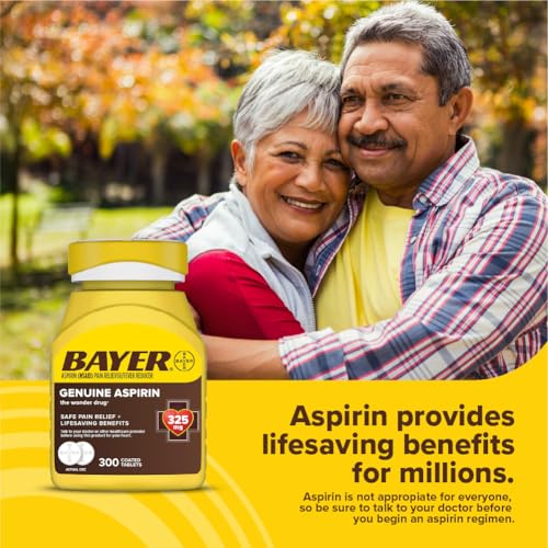 Bayer Genuine Aspirin 325 mg  Coated Tablets for Headache Relief  Multi Symptom Pain Reliever and Fever Reducer  Pain Relief Tablets for Tooth and Muscle Pain  Backache  300 Ct