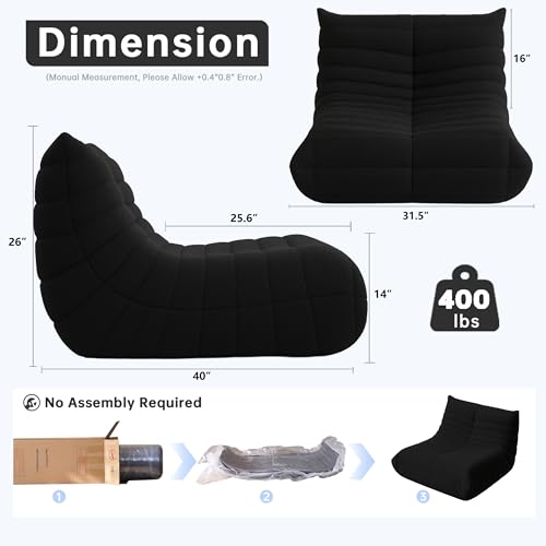 Bean Bag Chairs for Adults  BeanBag Reading Chair Memory Foam Couch  Floor Chair Soft Teddy Material  Comfy Reading Nook Chairs for Bedroom Living Room Office  Black 