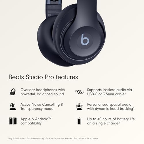 Beats Studio Pro   Premium Wireless Over Ear Headphones  Up to 40 Hour Battery Life  Active Noise Cancelling  USB C Lossless Audio  Apple & Android Compatible   Navy