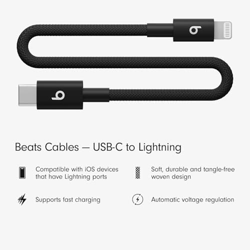 Beats USB C to Lightning Woven Cable Fast Charging Durable/Tangle Free Compatible Charger for Apple Devices w Lightning Ports  20 cm  8 in    Bolt Black