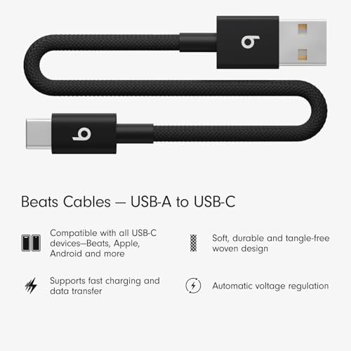 Beats USB C to Lightning Woven Cable Fast Charging Durable/Tangle Free Compatible Charger for Apple Devices w Lightning Ports  20 cm  8 in    Bolt Black
