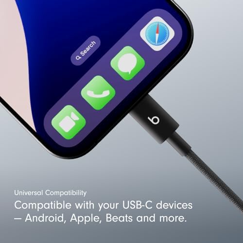 Beats USB C to Lightning Woven Cable Fast Charging Durable/Tangle Free Compatible Charger for Apple Devices w Lightning Ports  20 cm  8 in    Bolt Black