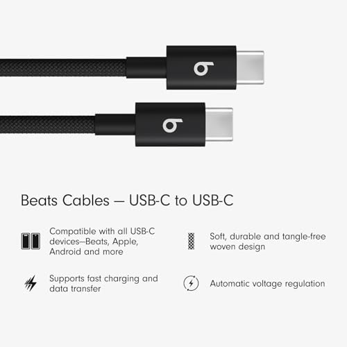 Beats Paquete de 2 cables tejidos USB-C a USB-C, cargador compatible con carga rápida, duradero, sin enredos para dispositivos Apple y Android (4.9 ft, 5 pies), color negro perno