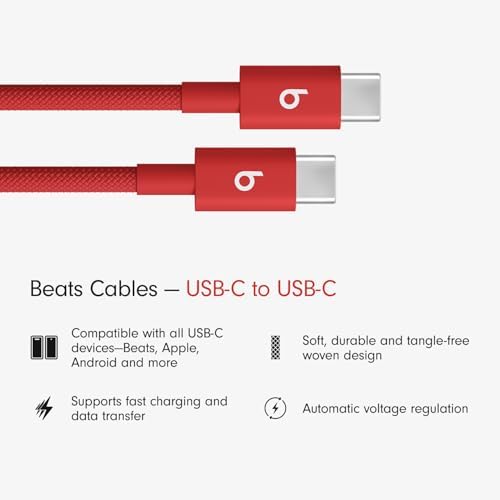Beats USB C to USB C Woven Cable Fast Charging Durable/Tangle Free Compatible Charger for Apple & Android Devices  1 5 m  5 ft    Rapid Red