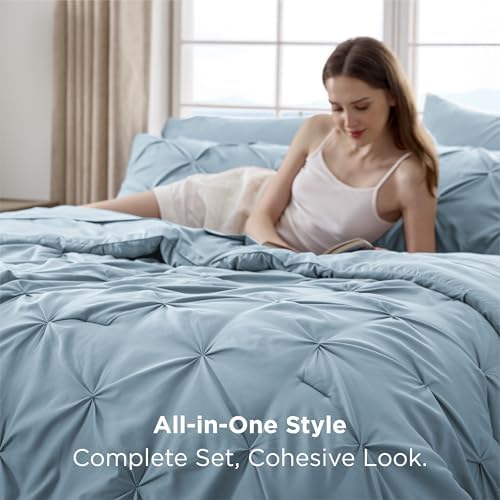 Bedsure Queen Comforter Set Baby Pea Green   Bed in a Bag Queen Size Bedding 7 Pieces  GentleSoft  Pintuck Bed Set Gift for Family  Pinch Pleat All Season Comforter with Sheets  Pillowcases & Shams