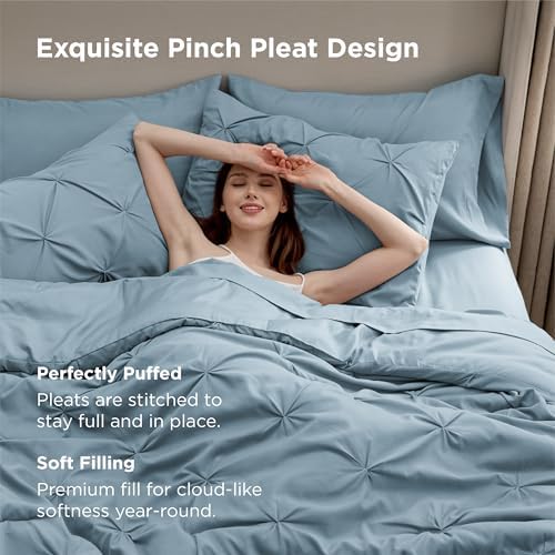 Bedsure Queen Comforter Set Baby Pea Green   Bed in a Bag Queen Size Bedding 7 Pieces  GentleSoft  Pintuck Bed Set Gift for Family  Pinch Pleat All Season Comforter with Sheets  Pillowcases & Shams