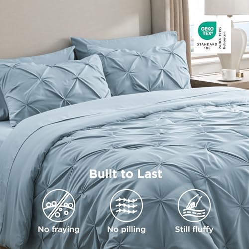 Bedsure Queen Comforter Set Baby Pea Green   Bed in a Bag Queen Size Bedding 7 Pieces  GentleSoft  Pintuck Bed Set Gift for Family  Pinch Pleat All Season Comforter with Sheets  Pillowcases & Shams