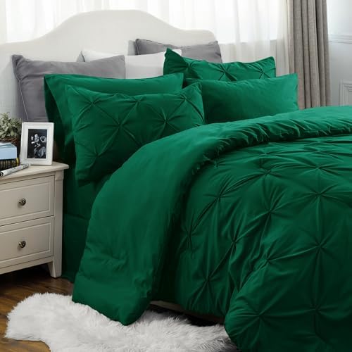 Bedsure Queen Comforter Set Baby Pea Green   Bed in a Bag Queen Size Bedding 7 Pieces  GentleSoft  Pintuck Bed Set Gift for Family  Pinch Pleat All Season Comforter with Sheets  Pillowcases & Shams