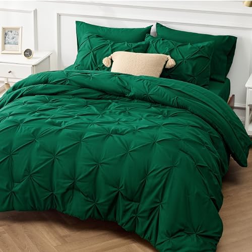 Bedsure Queen Comforter Set Baby Pea Green   Bed in a Bag Queen Size Bedding 7 Pieces  GentleSoft  Pintuck Bed Set Gift for Family  Pinch Pleat All Season Comforter with Sheets  Pillowcases & Shams