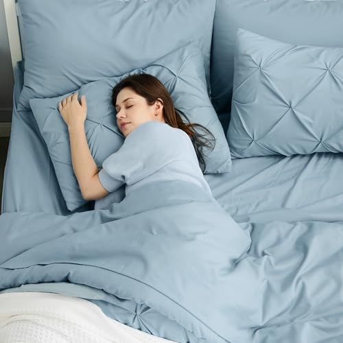 Bedsure Queen Comforter Set Baby Pea Green   Bed in a Bag Queen Size Bedding 7 Pieces  GentleSoft  Pintuck Bed Set Gift for Family  Pinch Pleat All Season Comforter with Sheets  Pillowcases & Shams