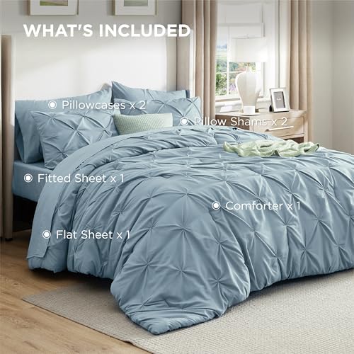 Bedsure Queen Comforter Set Baby Pea Green   Bed in a Bag Queen Size Bedding 7 Pieces  GentleSoft  Pintuck Bed Set Gift for Family  Pinch Pleat All Season Comforter with Sheets  Pillowcases & Shams