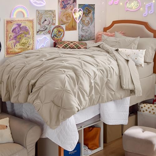 Bedsure Queen Comforter Set Baby Pea Green   Bed in a Bag Queen Size Bedding 7 Pieces  GentleSoft  Pintuck Bed Set Gift for Family  Pinch Pleat All Season Comforter with Sheets  Pillowcases & Shams